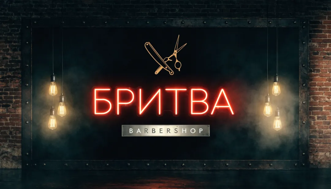 Баннер барбершопа «Бритва» на кирпичной стене