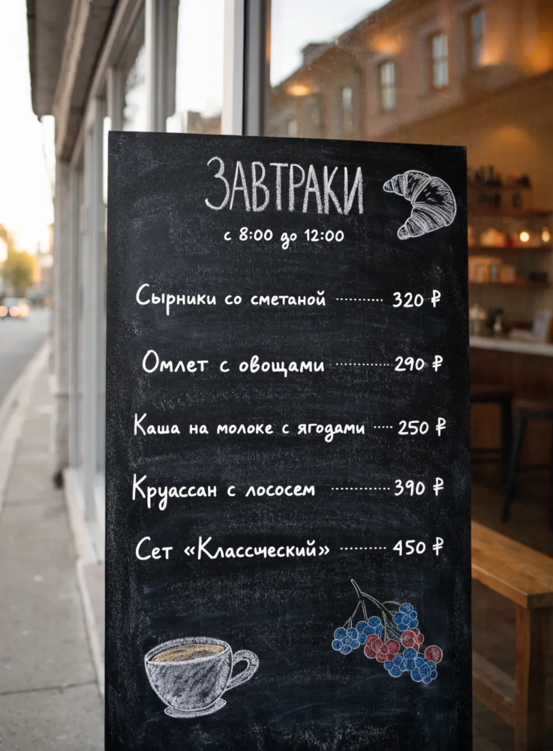 Меню завтраков в стиле меловой доски с ценами в рублях