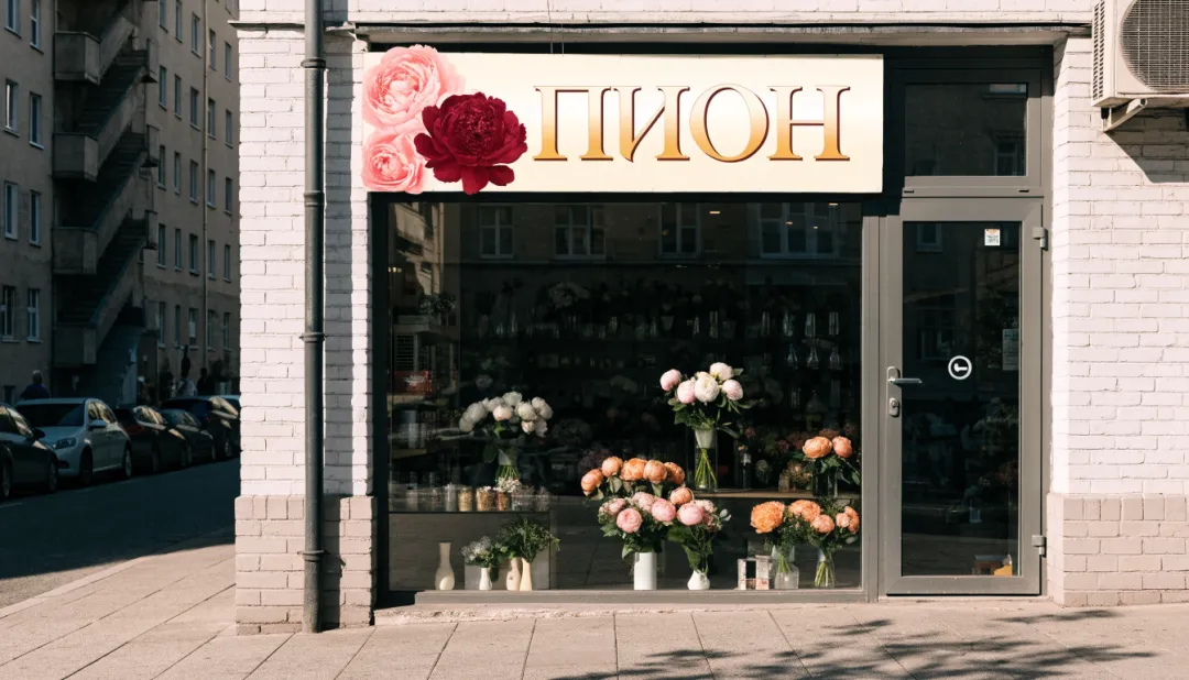 Вывеска цветочного магазина «Пион» на фасаде