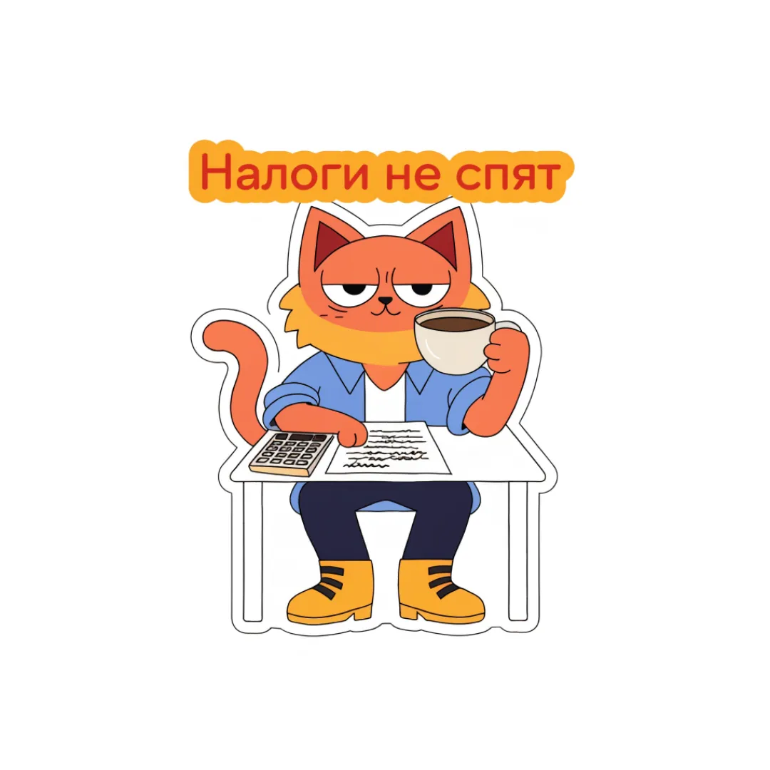 Стикер для Telegram: кот-бухгалтер с кофе и надписью «Налоги не спят»